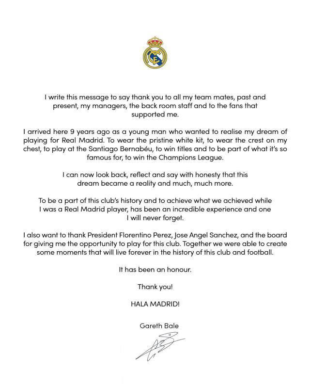 九游体育平台-贝尔发文告别皇马：我们一起创造了历史，谢谢！